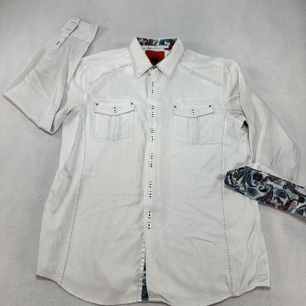 Platini Jeans Cougar Shirt Mens XL White Western Paisley Trim Contrast Cowboy‎
